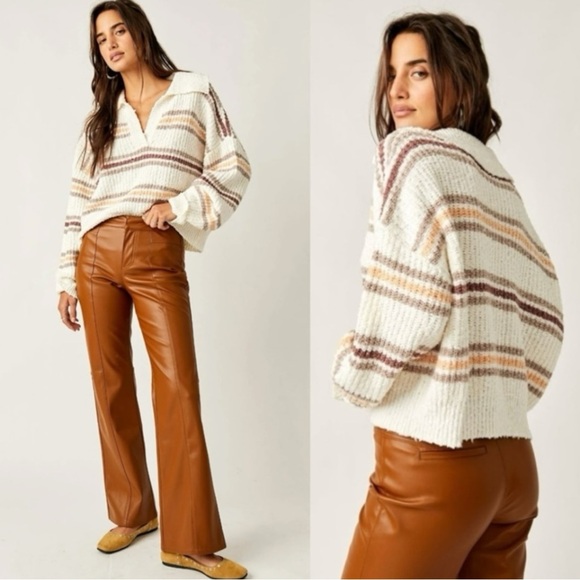 Free People Kennedy Pullover Sweater Ivory Oak Combo Medium Chunky Knit Stripes - Picture 1 of 12